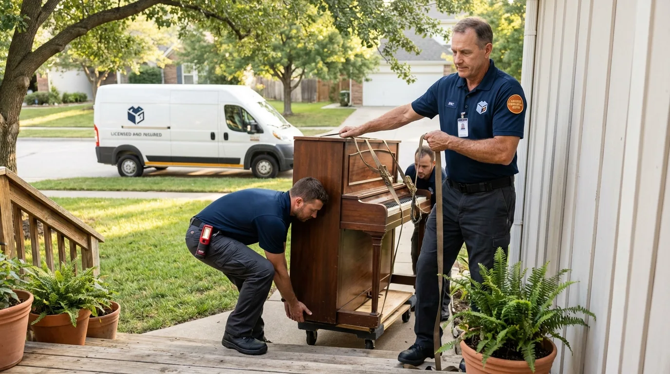Licensed piano movers securing grand piano in Lakeville, MN