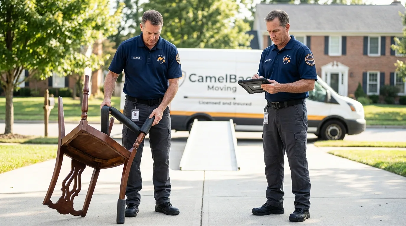 Movers inspecting furniture for damage prevention before loading in Lakeville, MN
