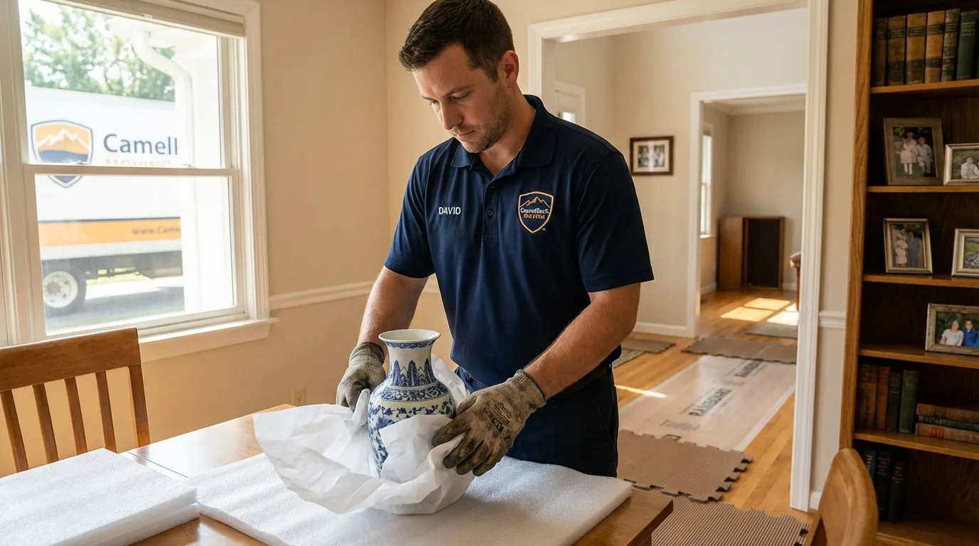 Professional crew carefully wrapping antique vase for senior downsizing move in Lakeville, MN